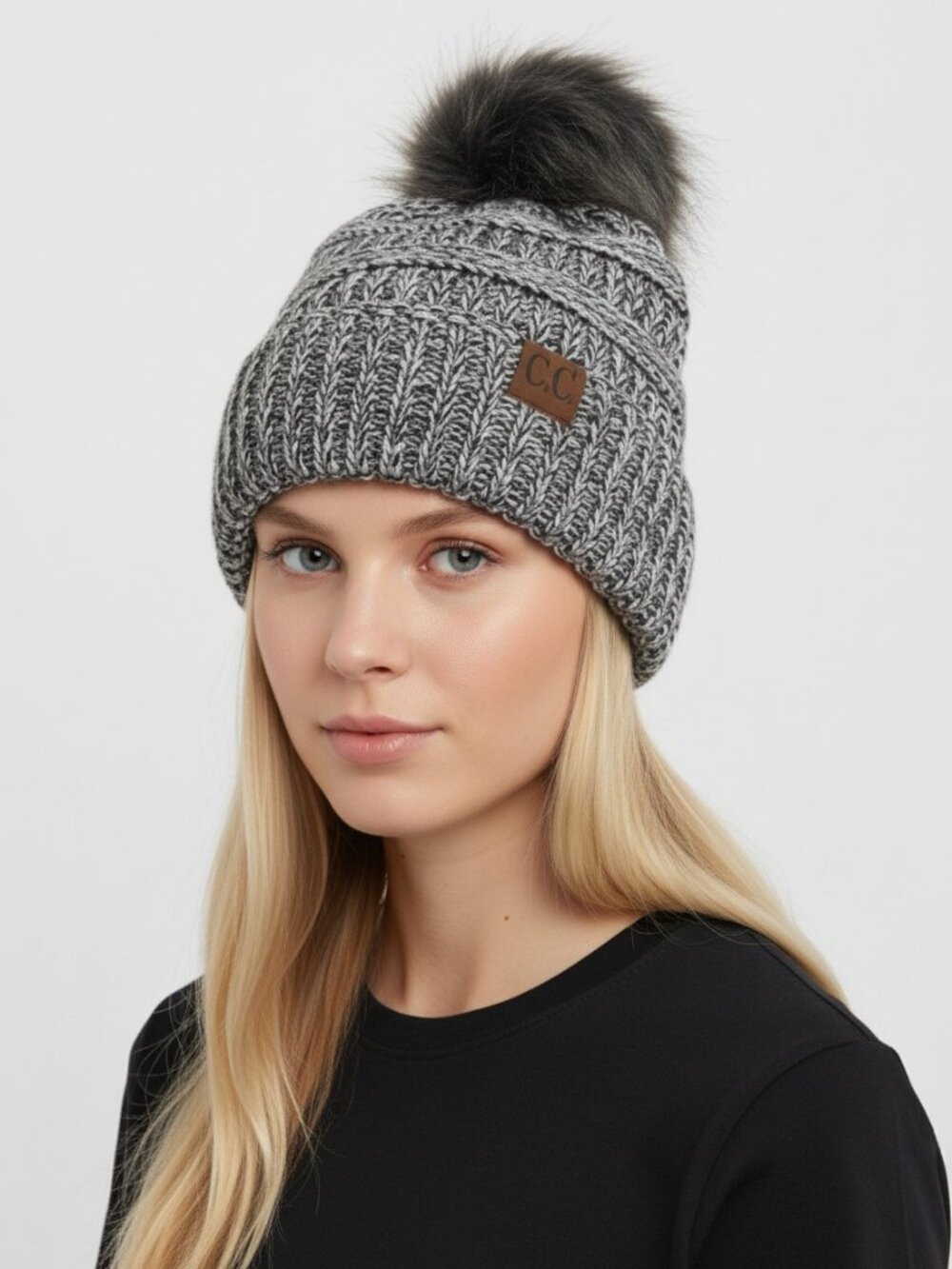C.C Exclusives Gray Marled Knit Pom Pom Beanie